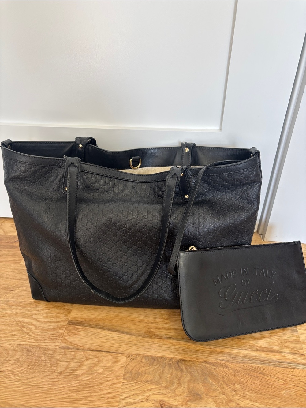 Gucci Black Guccissima Embossed Leather Tote with Double Straps